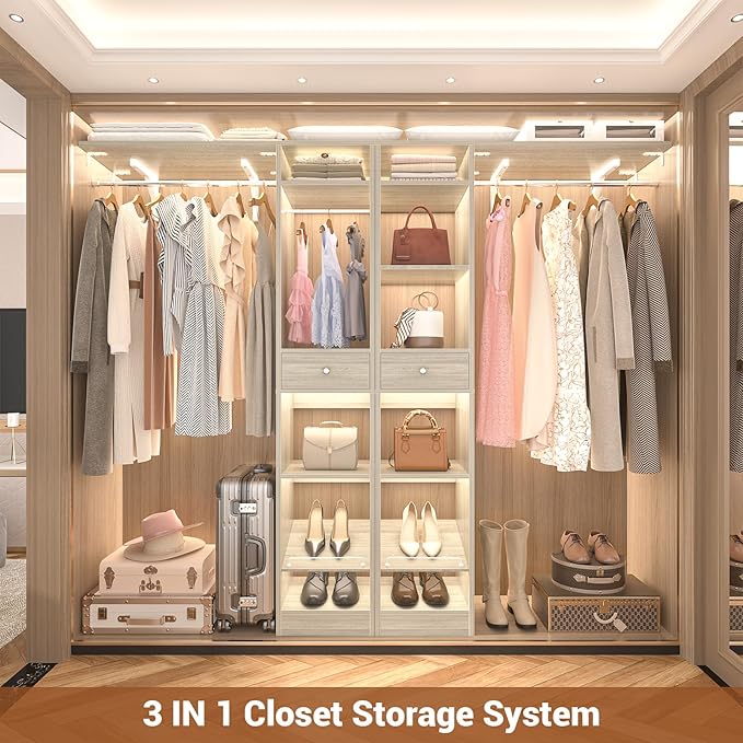 Unikito 58" W - 90" W Closet System, Large Walk in Closet Organizer with 3 Hanging Rods and Shelves, Heavy Duty Wood Closet Wardrobe with 2 Drawers and Shoe Rack, Reversible Clothing Rack, White Oak