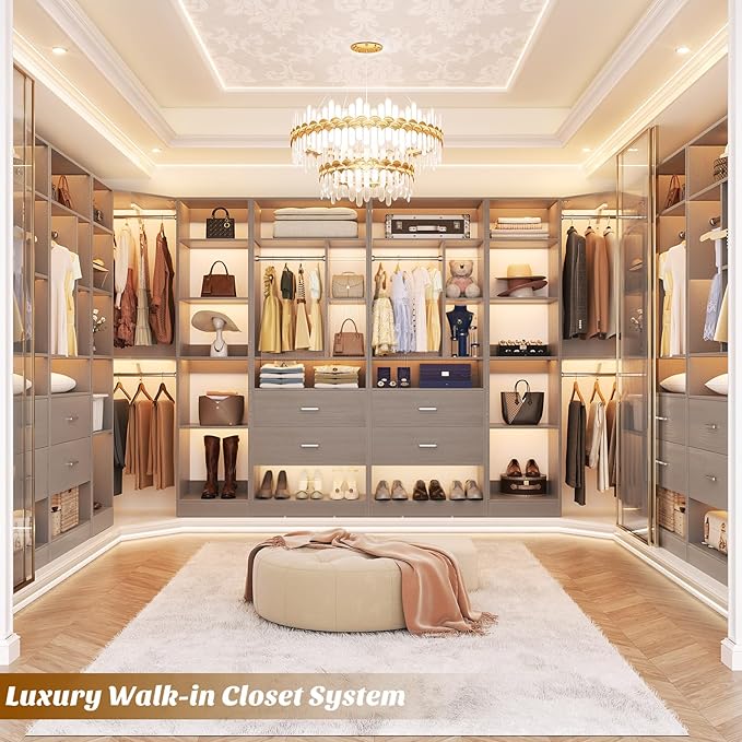 Large Corner Closet System with 3 Sets, 87.2" Closet Organizer System with 4 Drawers & 4 Hanging Rods, Reversible L Shaped Walk-in Closets, Load 2000+LBS, Grey (87.2" L x 39.2" W x 80" H)
