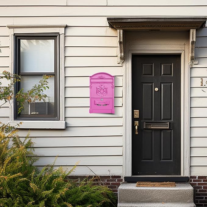 Wall Mount Mailboxes, Rust Resistant Locking Vintage Mailbox for House, Galvanized Steel Outside mailboxes with Key Locks, Barbie Pink