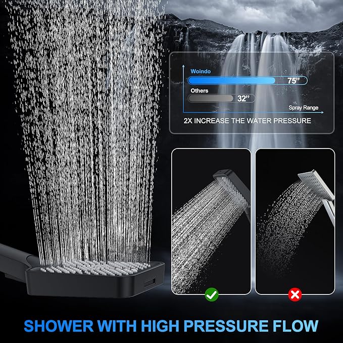 Shower Faucet Set, 12" Wall Mount Rainfall Shower System with 2 Rain Shower Head and Multi-function Handheld Head Push Button Diverter Shower Faucet Trim Kit Matte Black