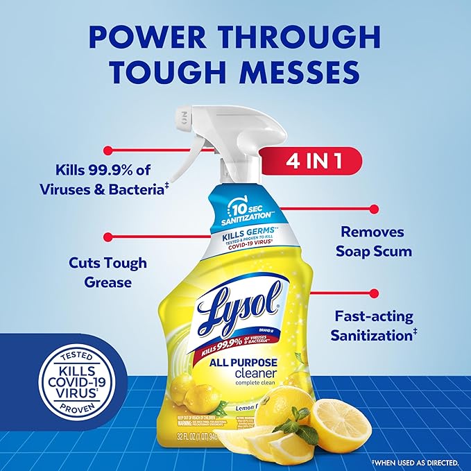 Lysol All Purpose Cleaner Spray, Multi-Purpose Disinfecting Spray, Kitchen & Bathroom Cleaner, Lemon Breeze Scent, 32 Fl Oz