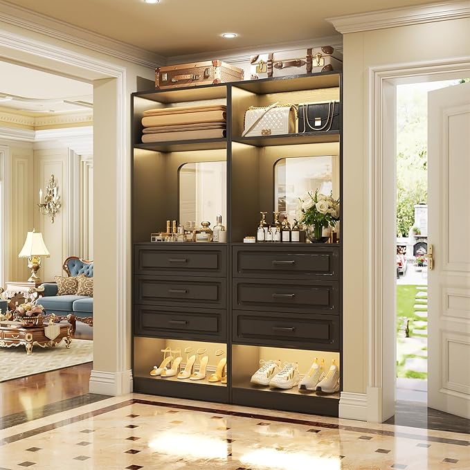 Unikito 50" Freestanding Closet System with 6 Drawers, 4FT Closet Organizer Wardrobe with Storage Shelves and Mirror, Heavy Duty Wood Walk-in Closet Towers for Bedroom, Max Load 1000 LBS, Black