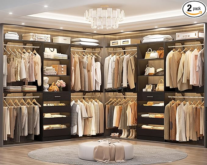 Aheaplus Closet System with Drawers Set of 2, Wood Closet Organizer System with 8 Hanging Rods & Top Shelves, Walk-in Closets Organizer Wardrobe Clothes Rack System, Cut Fits Spaces 4-9FT. Wide, Black