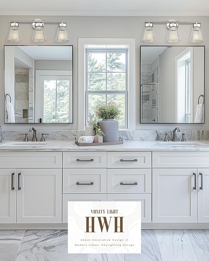 Brushed Nickel Bathroom Vanity Light, HWH 3-Light Vanity Lights for Bathroom Vanity Wall Lamp Over Mirror, Modern Vanity Light Fixtures with Striped Clear Glass, 5HZG97B-3W BN