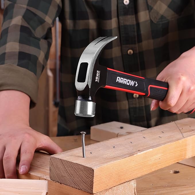 ARROW 16oz Claw Hammer with Shock-Absorbing Fiberglass Handle, Smooth Face and Forged Steel Head, Curved Claw Hammer for Carpentry and General Purpose