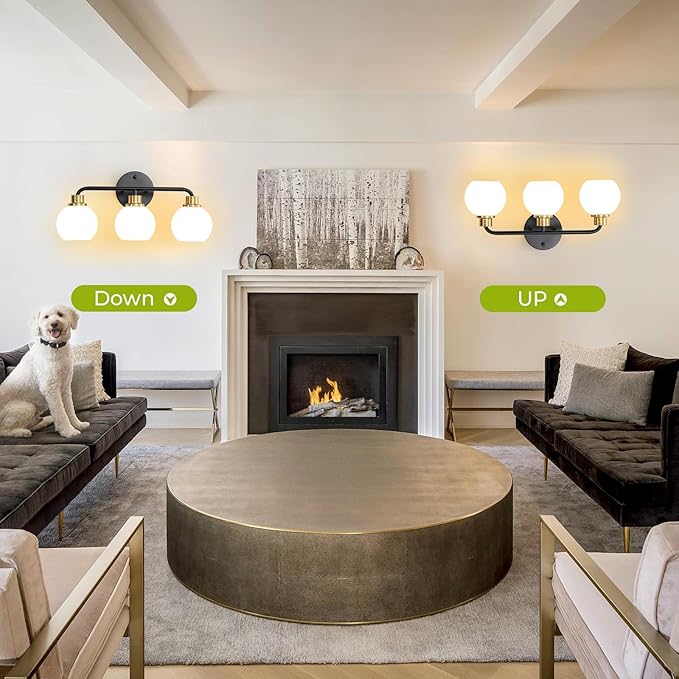 3 Light Bathroom Vanity Light, Black and Gold Bathroom Light Fixtures with Milk Glass Shade Modern Wall Sconces Lighting Bath Wall Lights Lamp for Mirror Kitchen Living Room Bedroom Hallway Cabinet