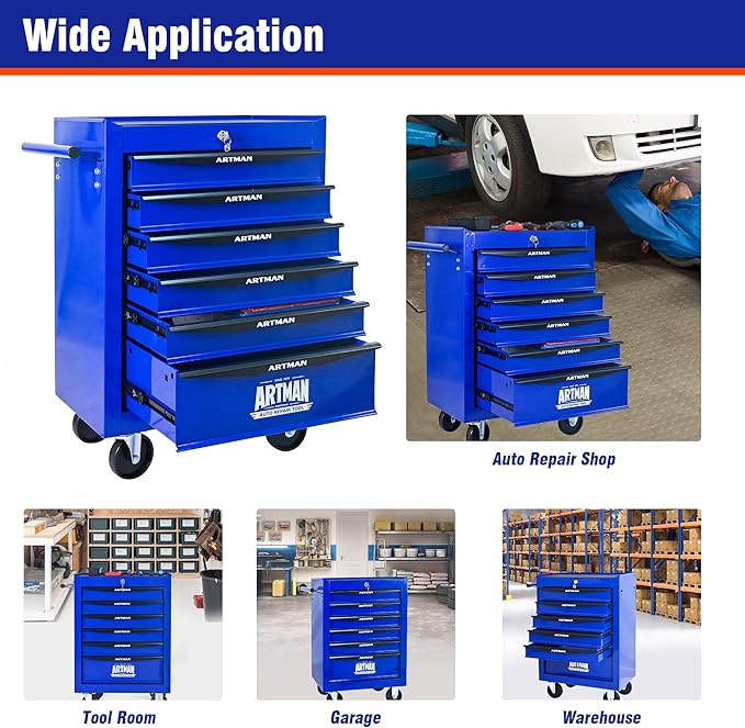6 Drawers Rolling Tool Box on Wheels, Multifunctional Tool Chest Cabinet with Lock, Drawers Rolling Tool Cart Trolley Organizer Tool Storage Case for Warehouse,Garage,Workshop (Blue)