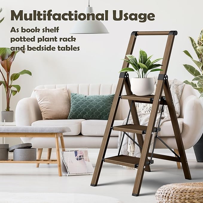 Taranta 3 Step Ladder, Portable Folding Ladder with Wide Pedal, Lightweight Aluminum Step Stool with Convenient Handgrip, 330 lbs Capacity Stepladder for Home, Office - Walnut