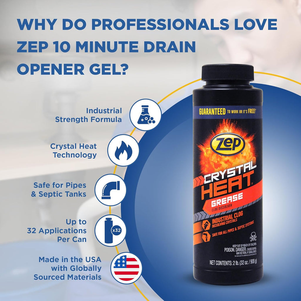 Zep Crystal Heat Drain Opener 32 Ounce - ZUCRY2 - Dissolves Drain Clogs Fast (32 Fl Oz, 12)
