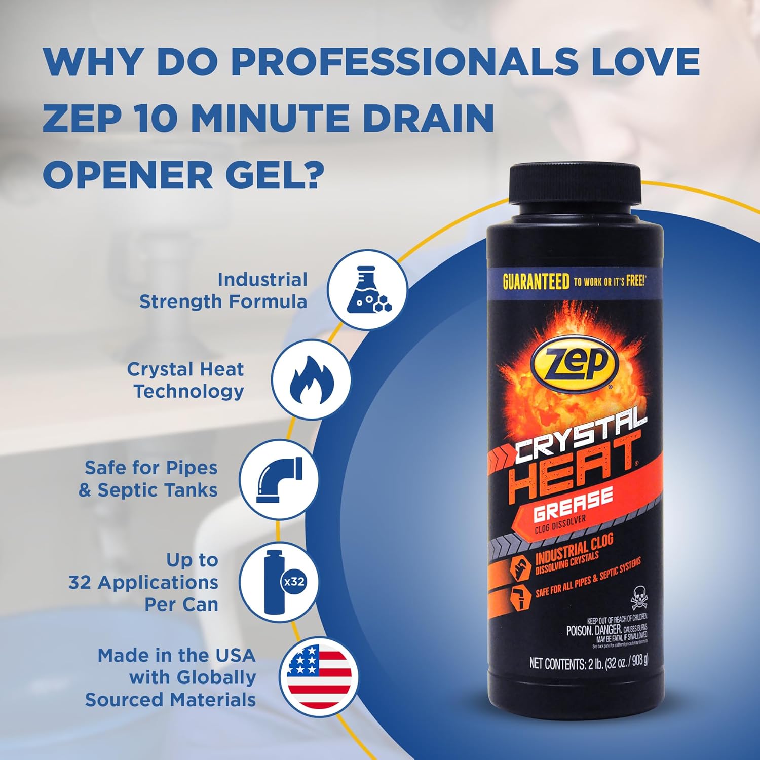 Zep Crystal Heat Drain Opener 32 Ounce - ZUCRY2 - Dissolves Drain Clogs Fast (32 Fl Oz, 12)