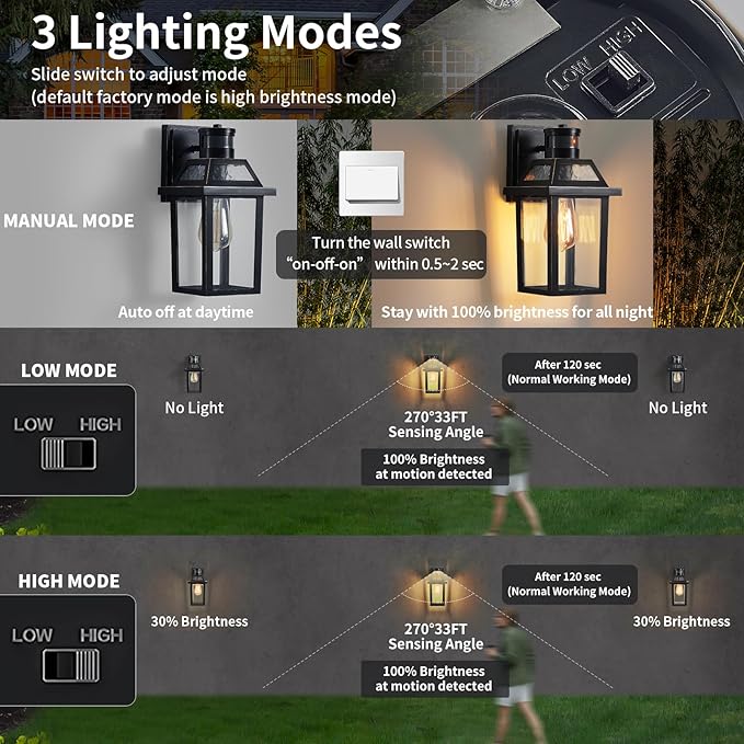 Motion Sensor Outdoor Wall Lights, Porch Light Outdoor 3 Lighting Modes, Dusk to Dawn Exterior Light Fixture, Waterproof, Outside Lights for House Front Door Patio Garage 2 Pack (Black)