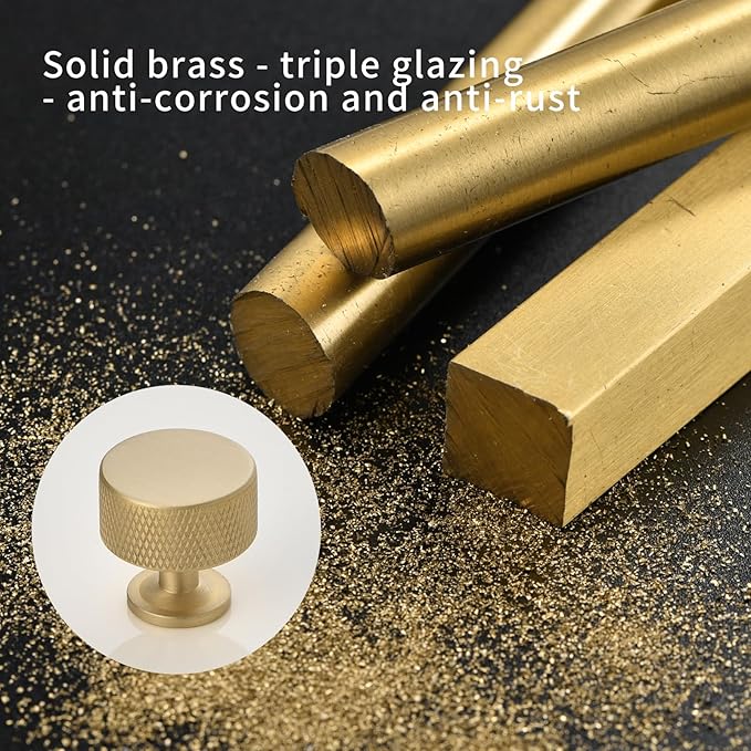 Urnew- 5 Pack Solid Brass Kitchen Cabinet Knobs 1.1 Inch Brushed Gold Dresser Drawer Knobs Knurled Door Pulls for Vanity Table Cupboard Closet Kitchen Hardware