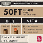 3 Outlet Brown Outdoor Extension Cord 50 ft, SJTW Heavy Duty 16 Gauge Extension Cord Multiple Outlets 3 Prong, 13 AMP Weatherproof Exterior Electrical Cable for Landscaping, Deck, Patio