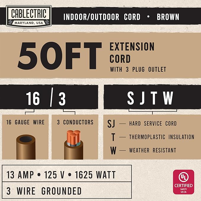 3 Outlet Brown Outdoor Extension Cord 50 ft, SJTW Heavy Duty 16 Gauge Extension Cord Multiple Outlets 3 Prong, 13 AMP Weatherproof Exterior Electrical Cable for Landscaping, Deck, Patio