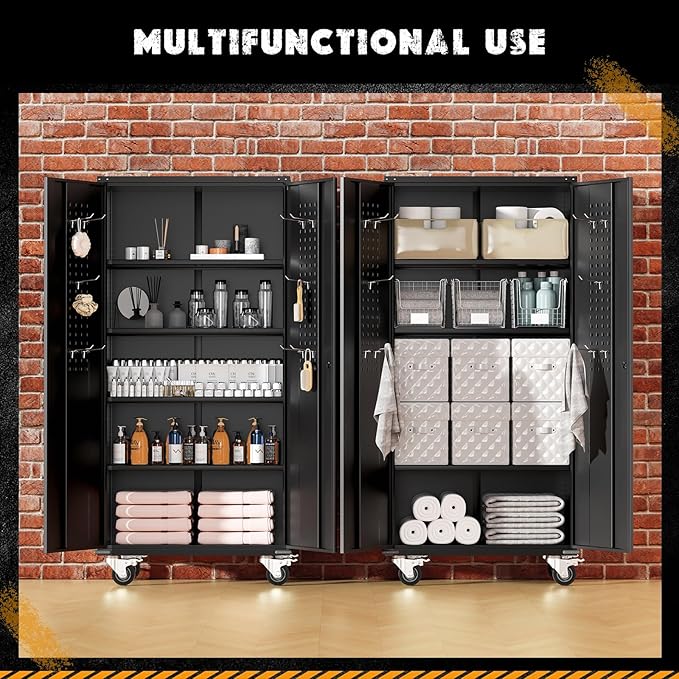 Greenvelly Metal Garage Storage Cabinet with Wheels, Black 72" Rolling Storage Cabinet with 2 Doors and Adjustable Shelves, Steel Tool Cabinets, Metal File Cabinets for Garage, Home Office