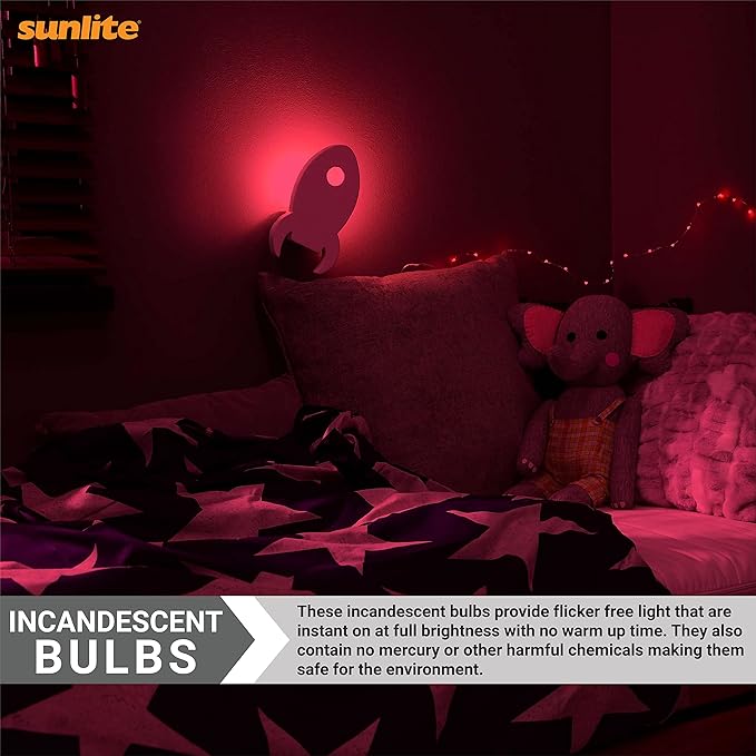 Sunlite 01058 7C7 Incandescent Bulb, 7 Watt, Candelabra E12 Base, C7 Small Night Light, Colored Bulb, Red, 12 Count
