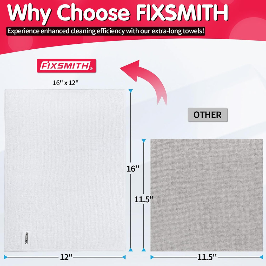 FIXSMITH White Microfiber Cleaning Cloth -Pack of 12, Highly Absorbent Cleaning Rags, 16"X12" All Purpose Cleaning Towels for Housekeeping, Kitchen, Car, Lint Free and Reusable Microfiber Towels