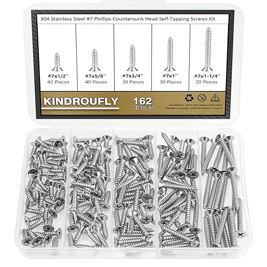 162 Pieces #7 x 1/2" 5/8" 3/4" 1" 1-1/4" Phillips Countersunk Head Self-Tapping Screws, Wood Screws Assortment Kit, 304 Stainless Steel