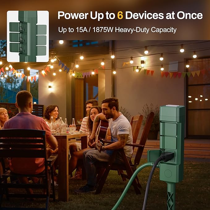 BN-LINK 25ft Outdoor Extension Cord Waterproof with Power Stake, 6-Outlet Power Strip Weatherproof, 14/3 SJTW Heavy Duty Power Cord for Halloween/Christmas Decorations and Inflatables, 15A/1875W