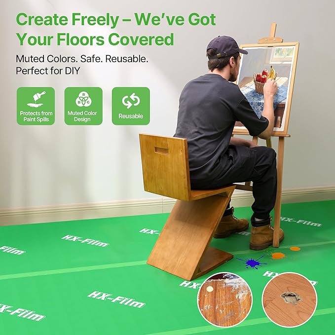 39" x 50' Heavy-Duty Floor Protection | Construction Grade Carpet Protector | Drop Cloth Plastic Film for Hardwood Floors | Waterproof Painters Covering with No Residue (Green)