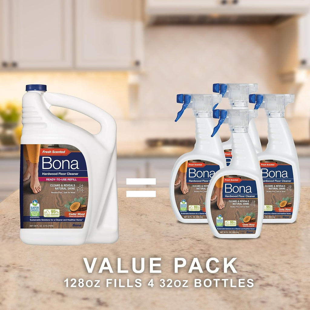 Bona Hardwood Floor Cleaner Refill - 128 fl oz - Cedar Wood Scent - Residue-Free Floor Cleaning Solution Spray Mop and Spray Bottle Refill - For Wood Floors