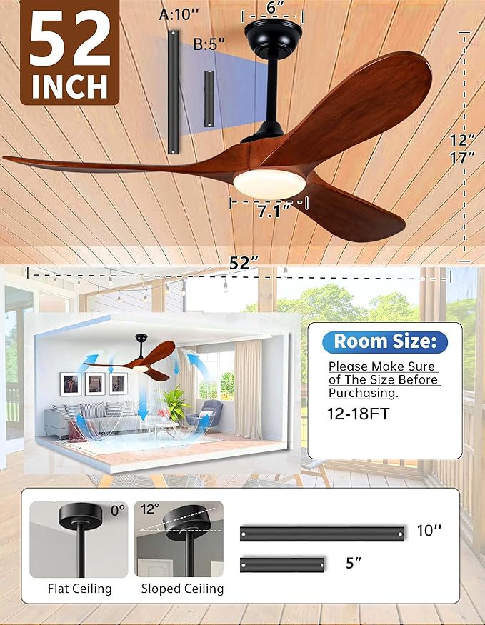 52 Inch Ceiling Fans with Lights and Remote,Solid Wood Indoor/Outdoor Ceiling Fans for Patios,Memory Function,Quiet DC Motor High CFM,Propeller 3 Blades for Porch,Farmhouse,Walnut