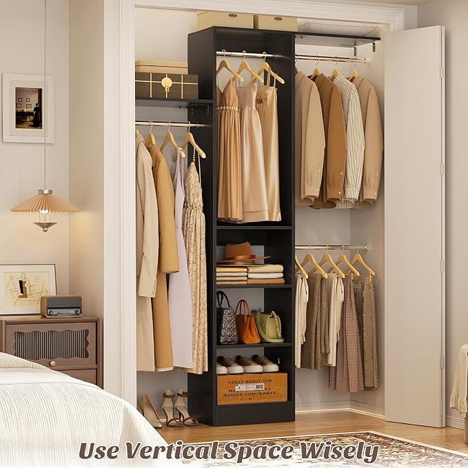 48" Small Closet Organizer, 4FT Closet System for Small Closets with 4 Hanging Rods & 3 Shelves, 80"H Small Closet Organizers and Storage for Bedrooms, Cloakrooms, Black