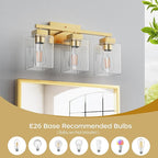 PARTPHONER 3-Light Bathroom Light Fixtures, Brushed Gold Modern Vanity Lights, Bathroom Lighting Fixtures Over Mirror, Square Design Farmhouse Wall Sconces with Clear Glass Shades