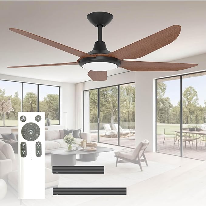 52 Inch Large Outdoor Ceiling Fans with Lights, High CFM Waterproof Blades for Covered Patio, 9 Speed Remote Control Dimmable LED Light, Angled Mount Easy Install