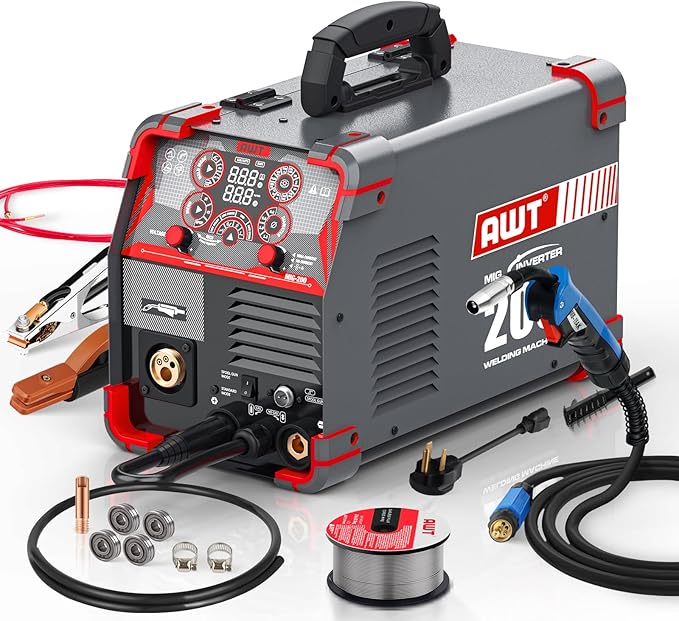 AWT MIG Welder, 200Amp 8 in 1 Gas MIG/Gasless Flux Core MIG/Stick/Lift TIG/Spot Welding/Spool Gun Aluminum MIG Welder, 110/220V Dual Voltage, Multi-Process Welding Machine With LED Digital Display