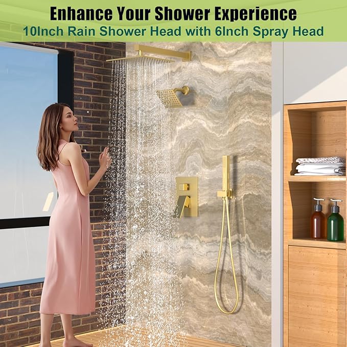 Enga Shower System Dual Shower Heads with 10+6" Dual Rain Shower Head with Handheld Spray for Two People, Wall Mount Shower Faucet Set with Valve Kit, Brushed Gold