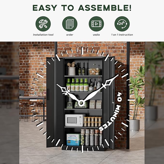 Greenvelly Metal Garage Storage Cabinet, 72” Locking Black Tool Steel Cabinet with Doors and 4 Shelves, Tall Metal Cabinets with Garage Storage Systems for Home Office, Kitchen/Pantry