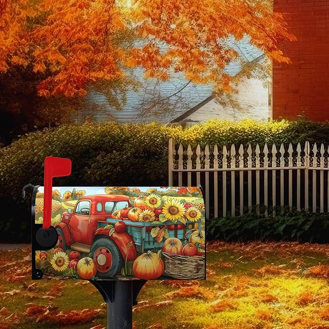 Fall Pumpkins Sunflower Mailbox Covers Magnetic Standard Size 21 X 18 Inch Autumn Red Truck Harvest Mailbox Wraps Cover Thanksgiving Letterbox Cover for Garden Yard Outdoor Decor