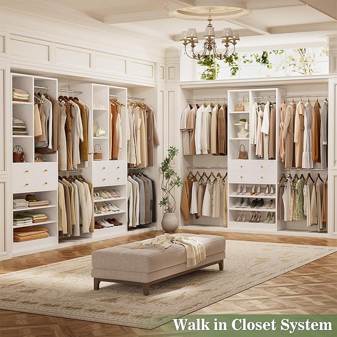 Closet System, 4.2–8.8 FT Closet Organizer with 2 Wooden Drawers and Shelves, Walk-in Closet System with 5 Hang Rods, Built-in Reach in Closet Tower, Can Fit 60 to 96 inch, White