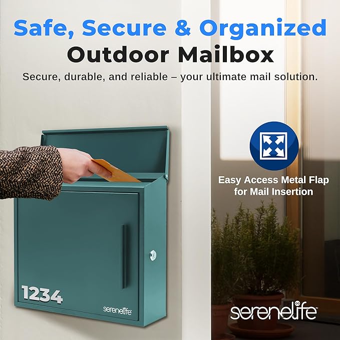 SereneLife Outdoor Wall Mailbox | 0.46 Cubic FT Locking Mailbox | Easy Installation, Secure Lock Mechanism | Ideal for Residential or Commercial Use | Wall Mountable 13.77" x 4.52" x 12.99 | Green