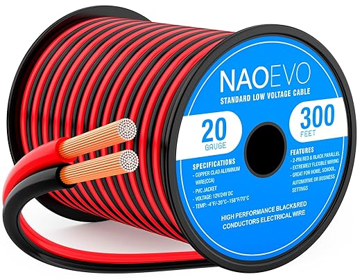 NAOEVO 20 Gauge Wire 300FT, 2 Conductors Electrical Wire Red Black Cable, Flexible/Low Voltage/PVC 20 AWG Copper Clad Aluminum Extension Cord for Speaker, LED Strips, Automotive 12V/24V DC