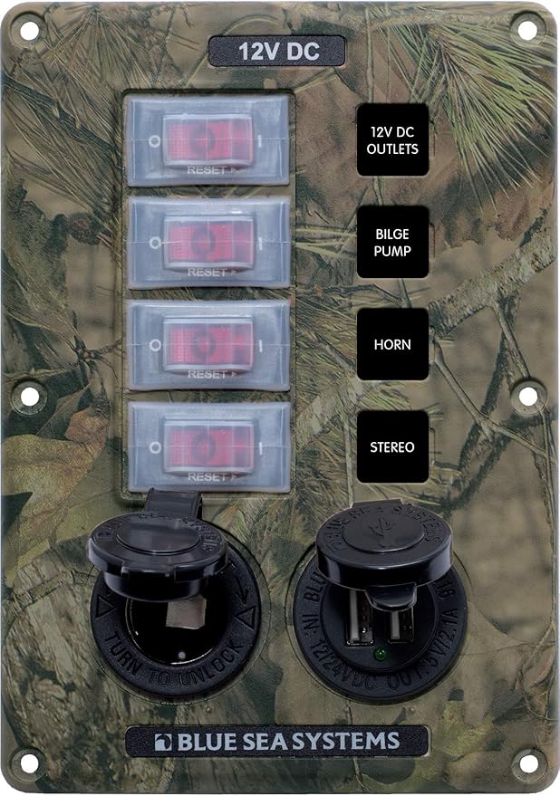 Blue Sea Systems 4324 Water-Resistant Circuit Breaker Switch Panel, Camo, 4 pos. + 12 Volt Socket and Dual USB Charger