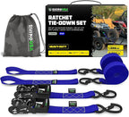 Rhino USA Ratchet Straps Heavy Duty Kit (2-Pack) - 1.6 Inch x 8 Feet (5,208lb Break Strength) - Ultimate Tie Down Straps with Safety S Hooks for Trucks, ATV, UTV, Motorcycle, Cargo & More - Blue