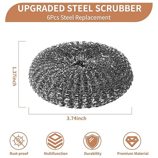 6PCS Steel Wool Scrubber Wire Sponge Set, Barbecue Grill Cleaning Scrubber Pads, Stainless Steel Scrubber Replacement for Scouring Messes from Cast Iron, Pots, Pans, Grill, Stoves, Sink (6 Pads)