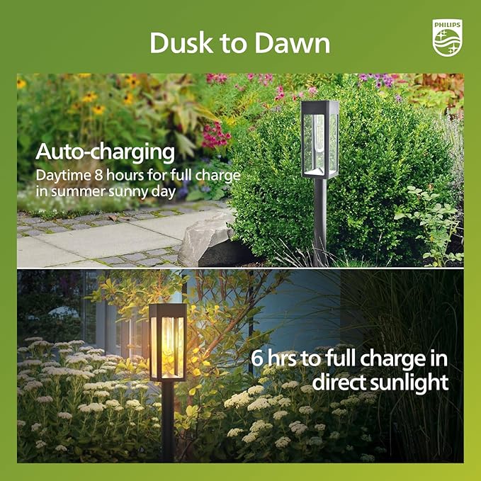 Philips 2 Packs Solar Pathway Lights Outdoor, Glass Metal Led Garden Landscape Lightings, 3000K Warm White, Waterproof for Decor Yard, Walkway, Patio, Driveway, Lawn