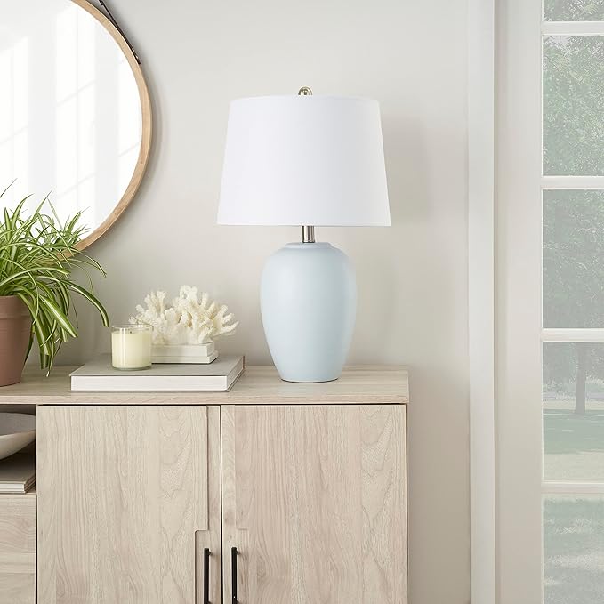 Nourison Home 23" Coastal Blue Ceramic Pot Table Lamp for Bedroom, Living Room, Dining Entryway, with White Shade