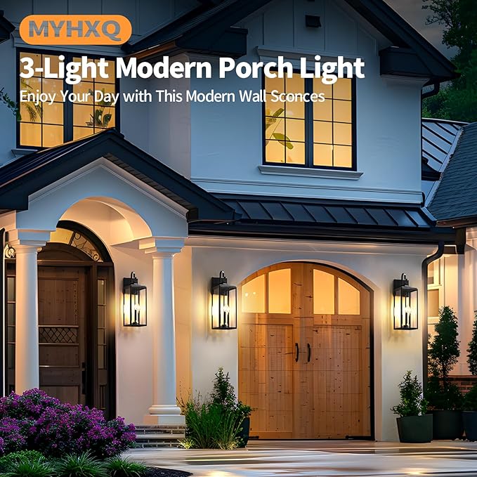 24" Extra Large Outdoor Wall Light 2 Packs, Black Exterior Lighting Fixtures Outdoor Porch Lantern Wall Mounted, Waterproof Modern Outside Wall Sconce, E12 3-Light Coach Lamp for House Patio Garage