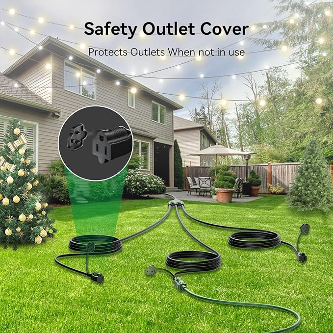 K KASONIC - 25 FT Halloween Lights Outdoor Extension Cord 1 to 3 Splitter, 3 Prong Outlets Plugs, 16AWG/3C SJTW Weatherproof Wire for Holiday Decoration Light, ETL Listed, Black