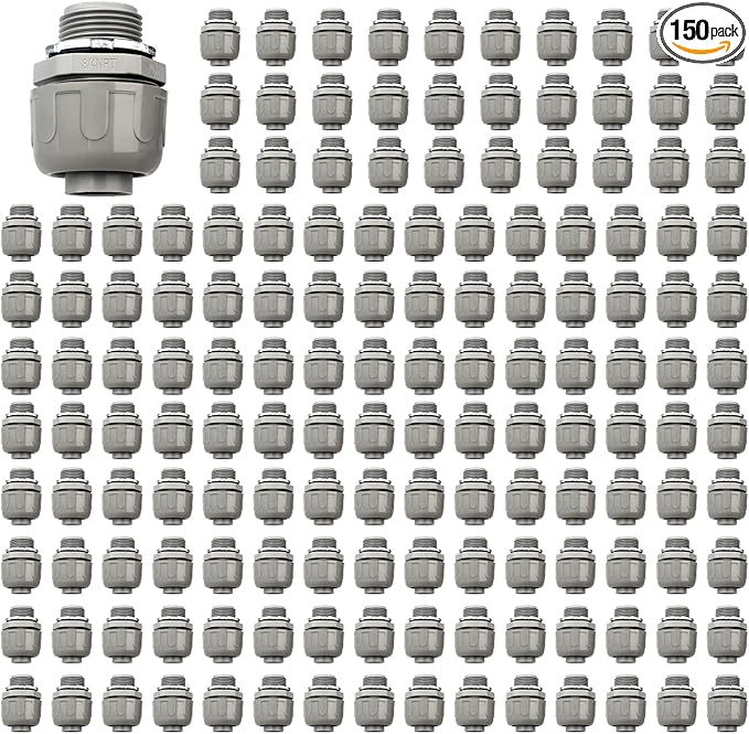 Conduit Connectors, 3/4 Inch Liquid Tight Connector NPT Non-Metallic for PVC Electrical Flexible Conduit Fittings, 180 Degree Straight, UL Listed for Home Outdoor Tubes Tools, Grey (150-Pack)