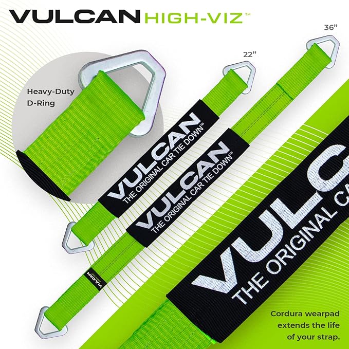 VULCAN Complete Axle Strap Tie Down Kit with Snap Hook Ratchet Straps - High-Viz - Includes (4) 22 and (4) 36 Inch Axle Tie Downs, and (4) 8' Snap Hook Straps
