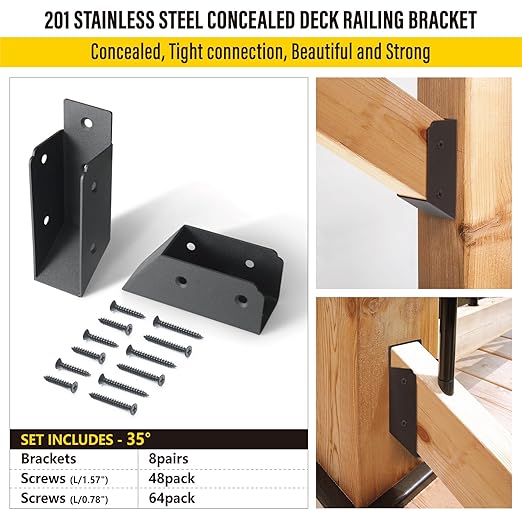 201 Stainless Steel 2" x 4" (1 ½" x 3 ½" Actual) Deck Railing 35° Stair Connectors, for Deck Railing Stair Handrail Connection Installation Deck Railing Bracket (8 Pair-Black)