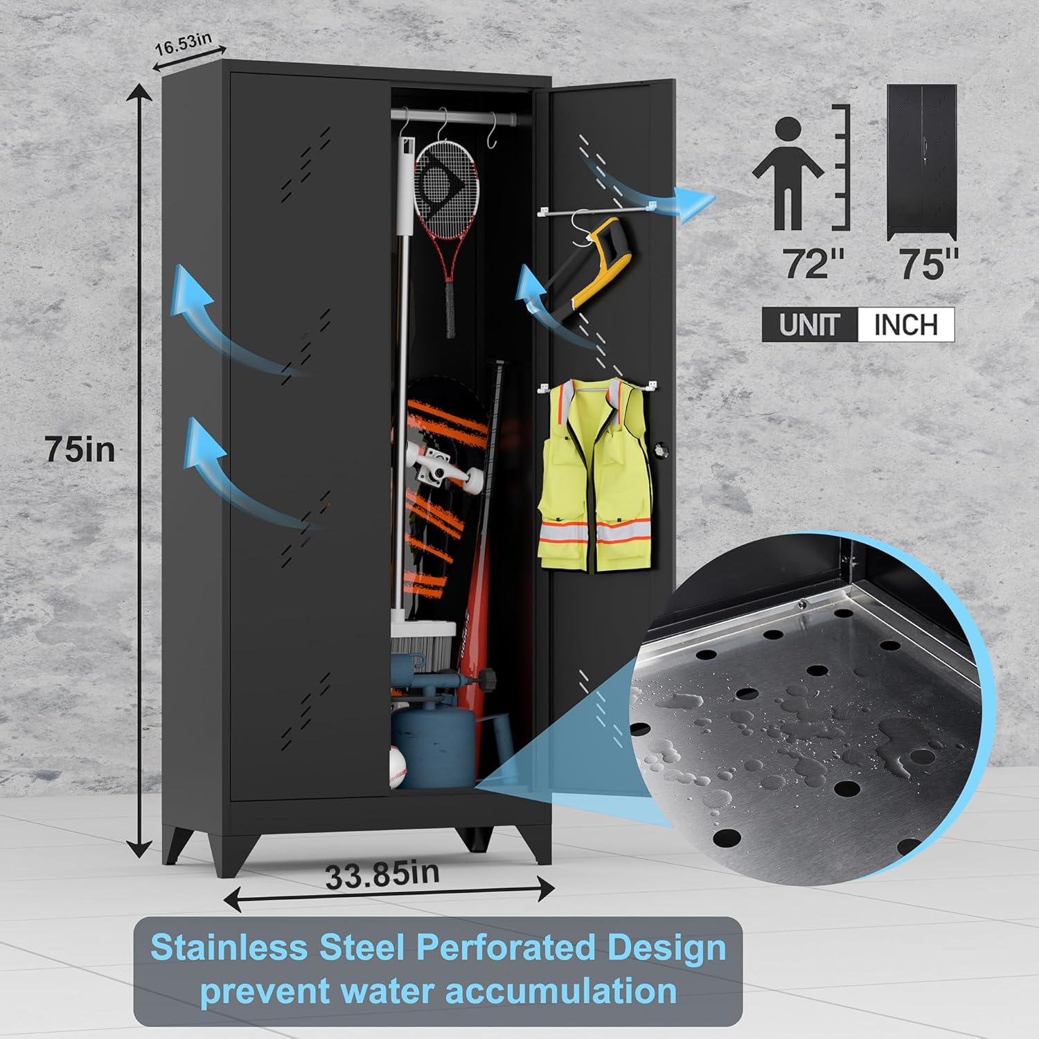 Metal Storage Cabinet with Lock Door, 75" Tall Garage Storage Cabinet with Hanging Rod, Broom Closet Bathroom Storage Cabinet, Cleaning Tool Cabinet