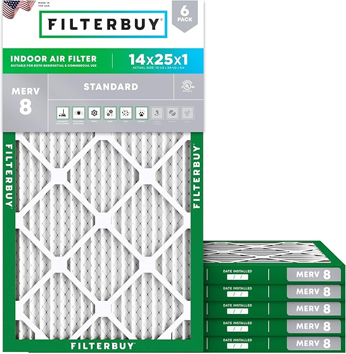 Filterbuy 14x25x1 Air Filter MERV 8 (MPR 700) Dust Defense Replacement (6-Pack), Electrostatic Pleated HVAC AC Furnace Filters, Made in USA (Actual Size: 13.50 x 24.50 x 0.75)
