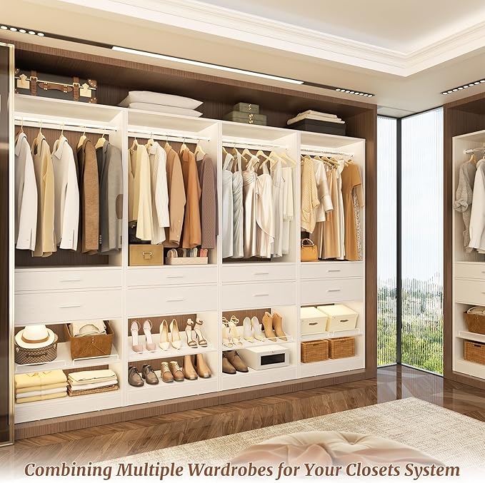 Unikito 25” W x 80'' H Closet Organizer Storage with Hanging Rod and 2 Wooden Drawer, Adjustable Angled Shoes Rack, Sturdy Garment Racks, Walk-in Closet Tower for Bedroom, Mudroom, and Entryway, White