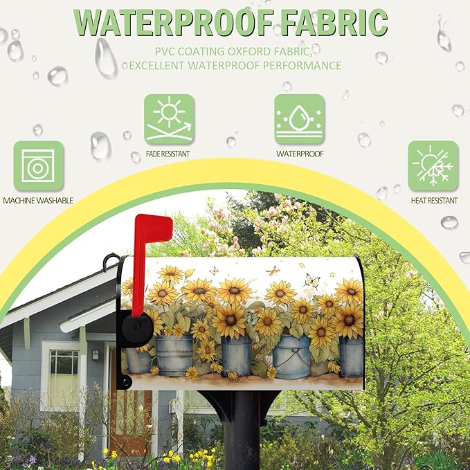 Summer Sunflower Mailbox Covers Magnetic Large Size Yellow Flowers Mailbox Post Cover Oversized Spring Floral Mailbox Wraps Mailbox Decor Waterproof for Garden Yard 21x25.5 Inch